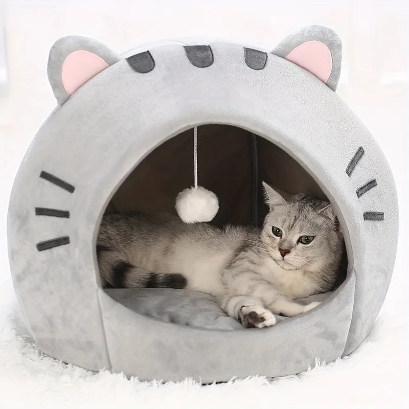 Gray Cat-Face Plush Cave Bed with Pom-Pom