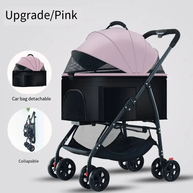 Folding Pet Stroller with Detachable Basket & Mesh Canopy