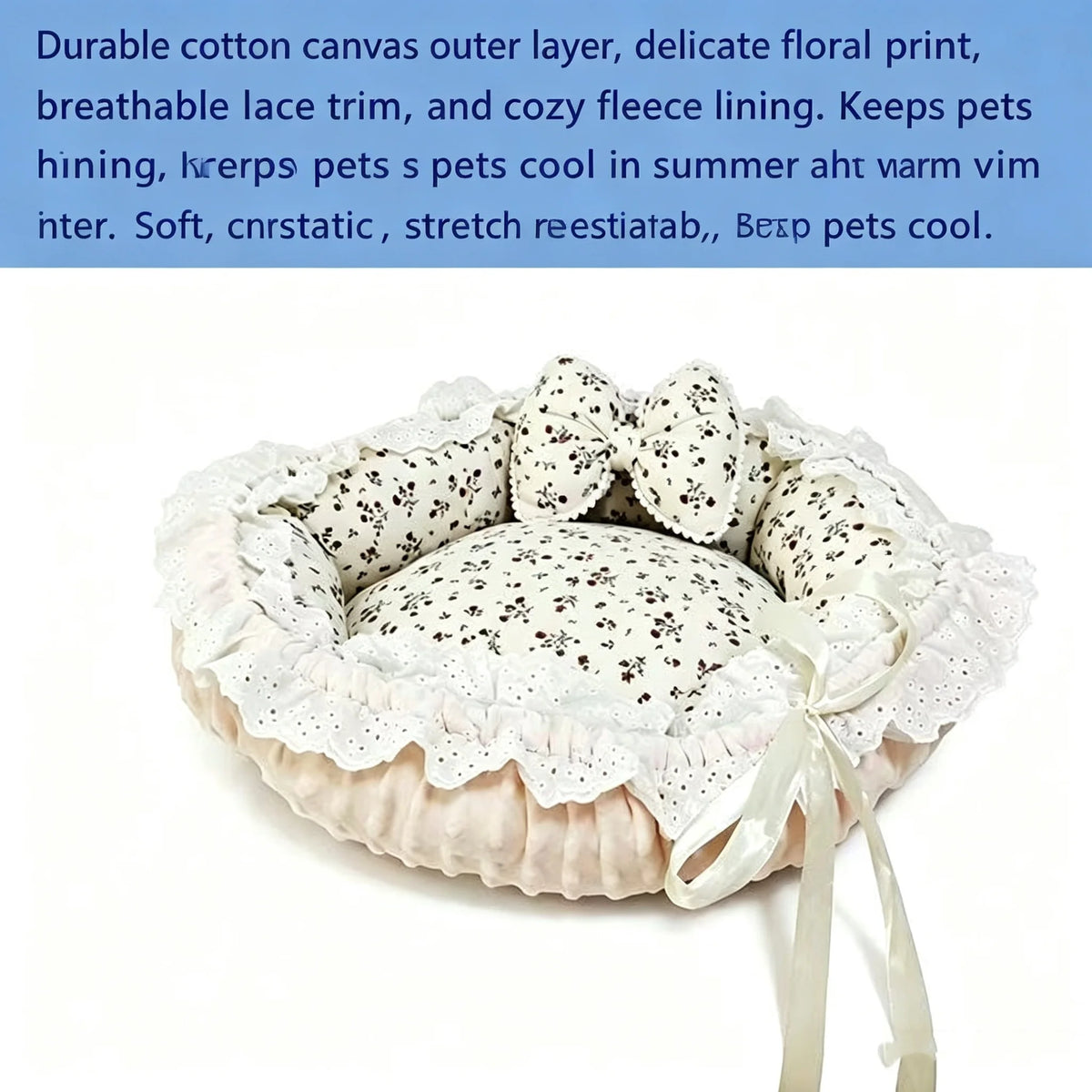 Floral Lace-Trim Pet Bed with Bow Detail