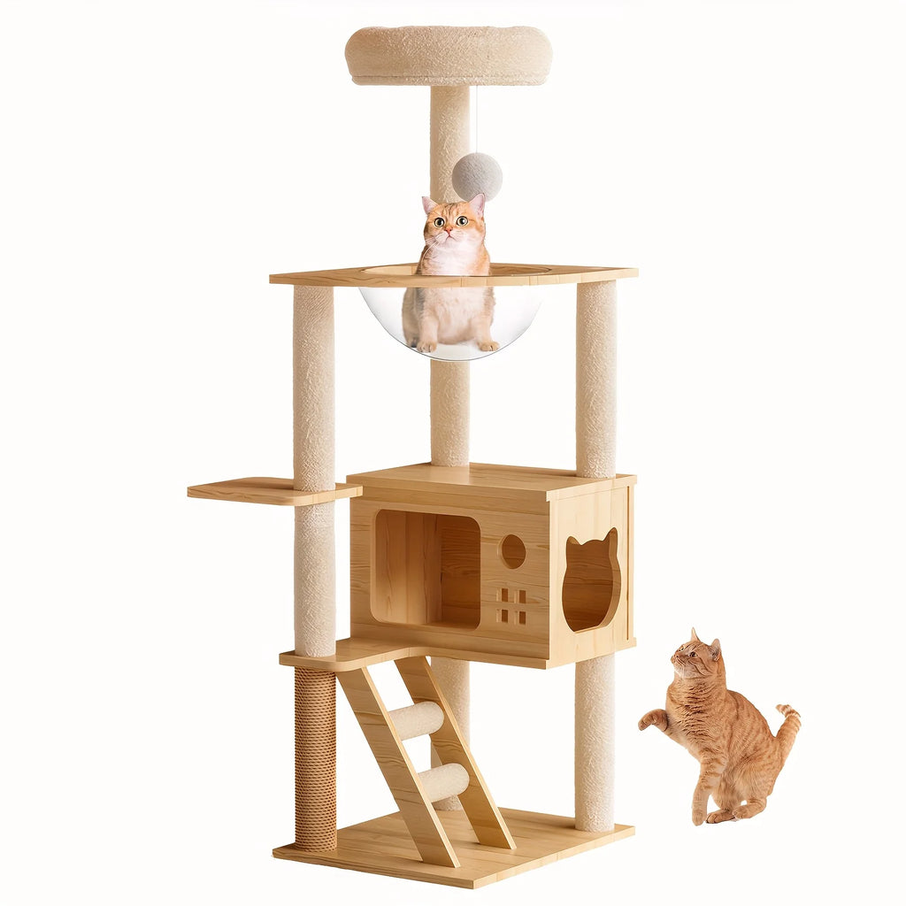 Wood-Look Cat Tower with Clear Lounging Bowls & Hideaway