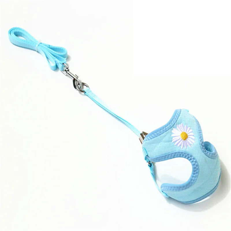 Daisy-Embroidered Mesh Pet Harness & Matching Leash Set