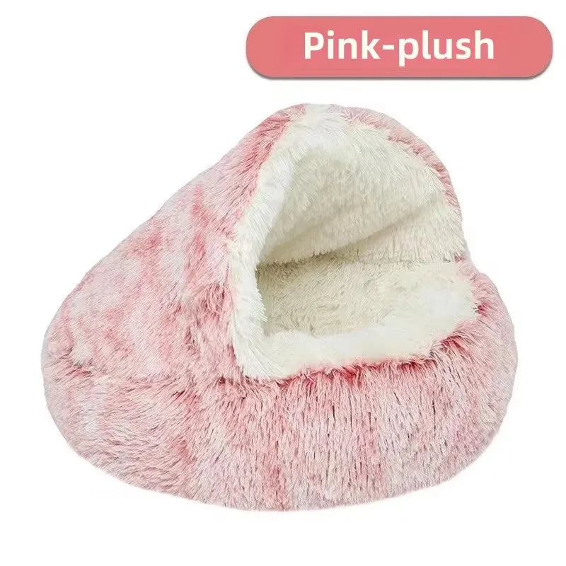 Shaggy Plush Cat Cave Bed with Snuggle Cover