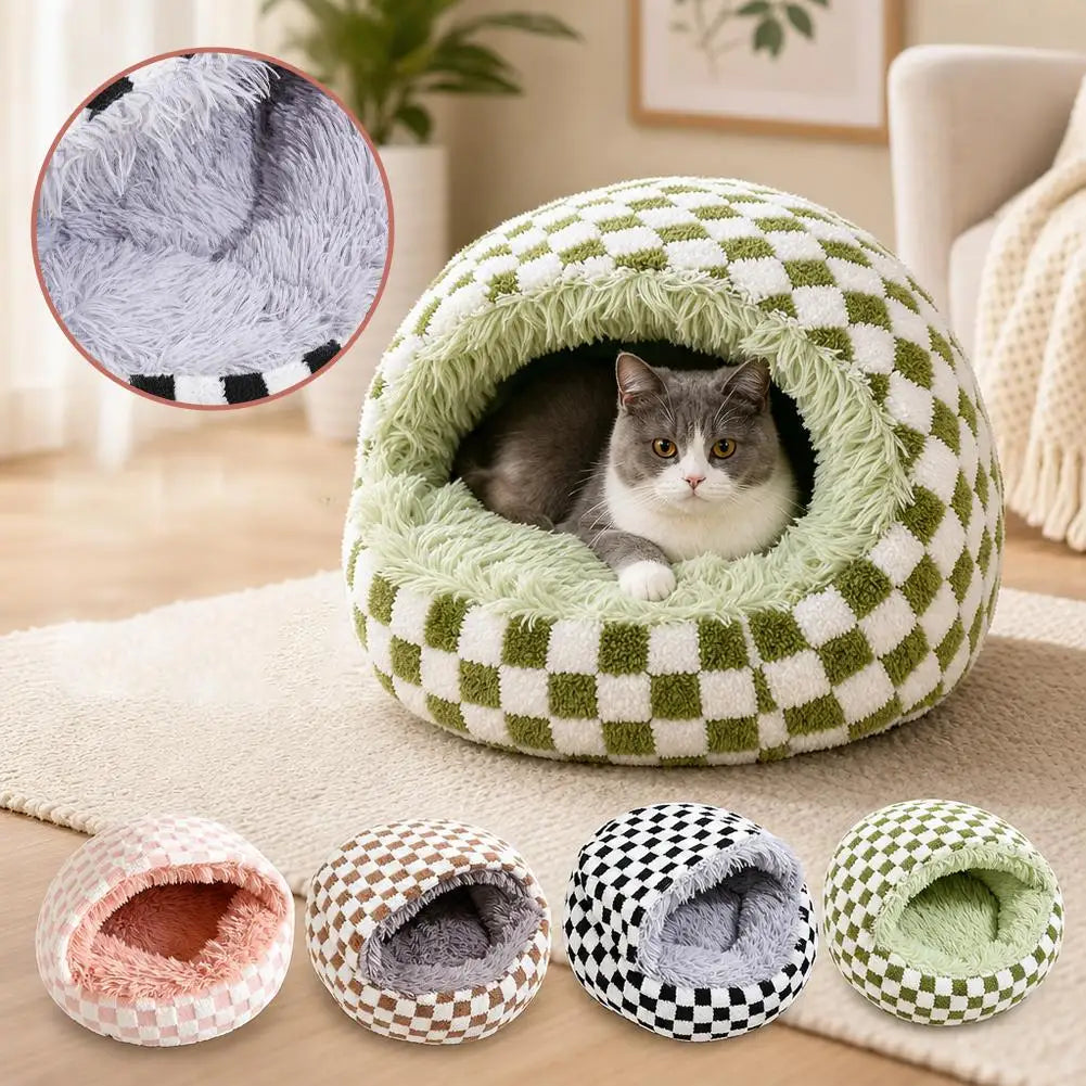 Checkerboard Plush Hooded Pet Bed