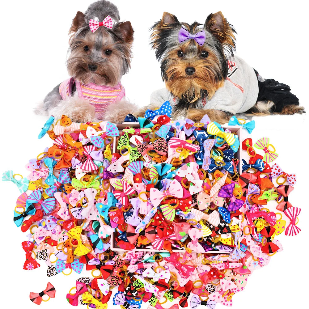 Mixed-Color Pet Hair Bows with Elastic Bands, 200 Pieces