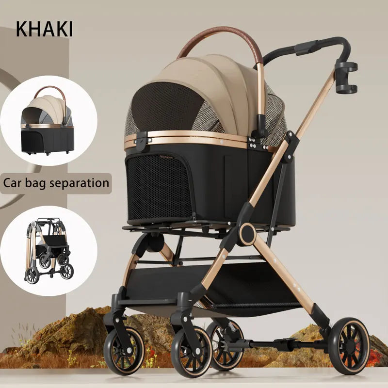 Gold-Tone Frame Pet Stroller with Detachable Basket