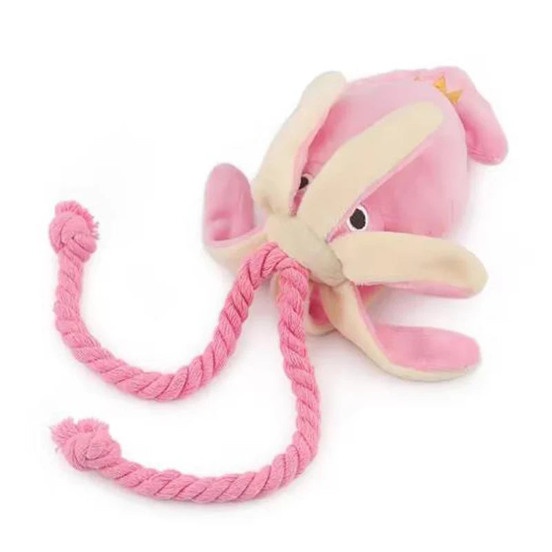 Pink Squeaky Octopus Dog Toy with Rope Tentacles