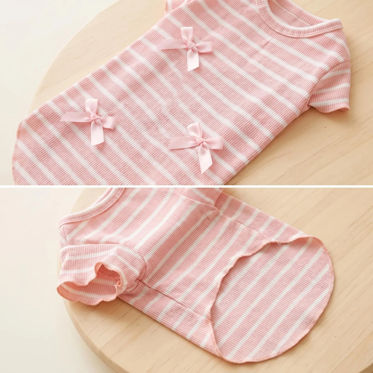 Striped Ribbed Pet T-Shirt with Ribbon Bows
