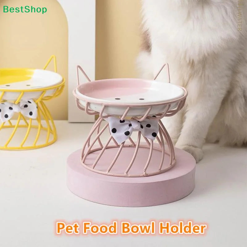 Cat-Face Ceramic Dish & Bow-Detail Stand Options