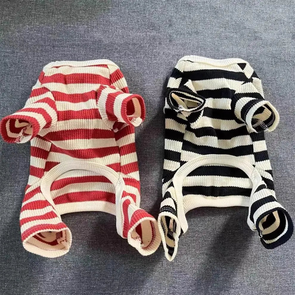 Red Striped Four-Leg Pet Onesie with Bear Patch