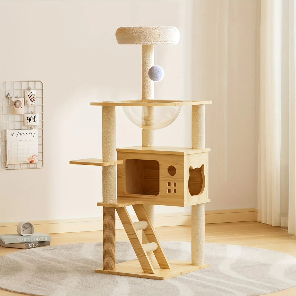 Wood-Look Cat Tower with Clear Lounging Bowls & Hideaway