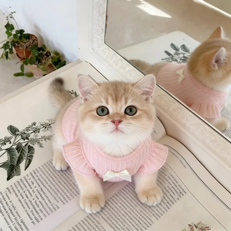 Ribbed Pet Top with Ruffle Shoulders & Contrast Bow