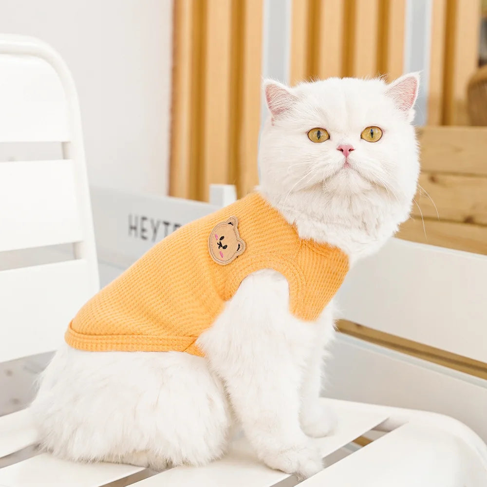 Waffle-Texture Bear-Patch Cat Vest