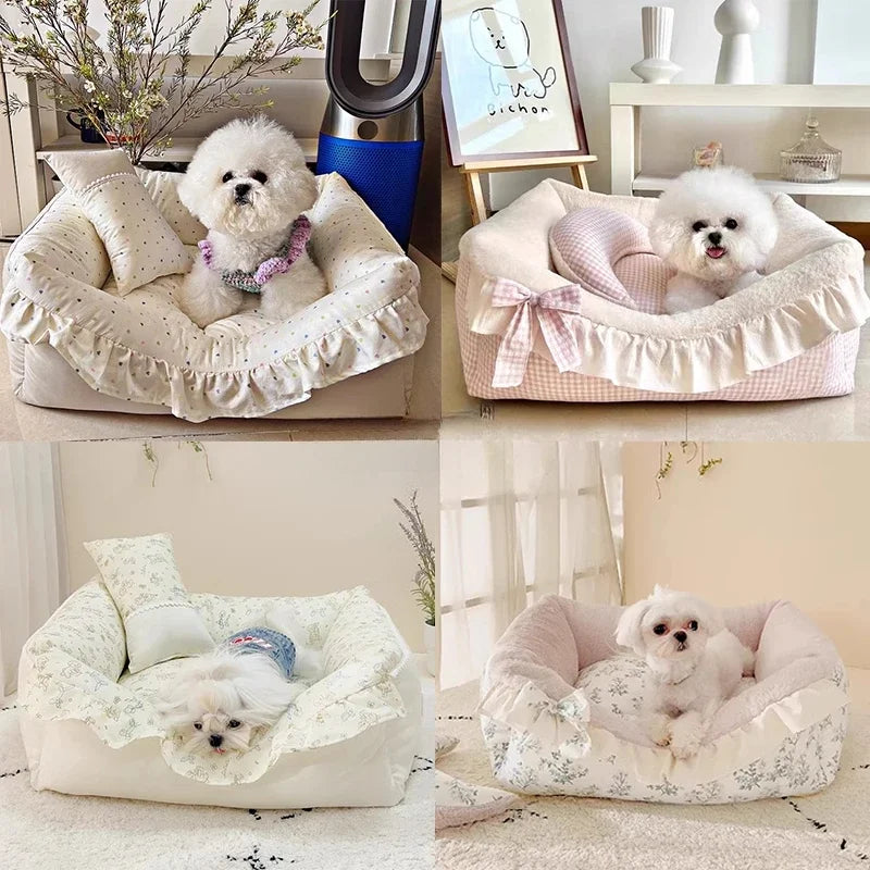 Ruffled Cotton Pet Sofa Bed for Dogs & Cats