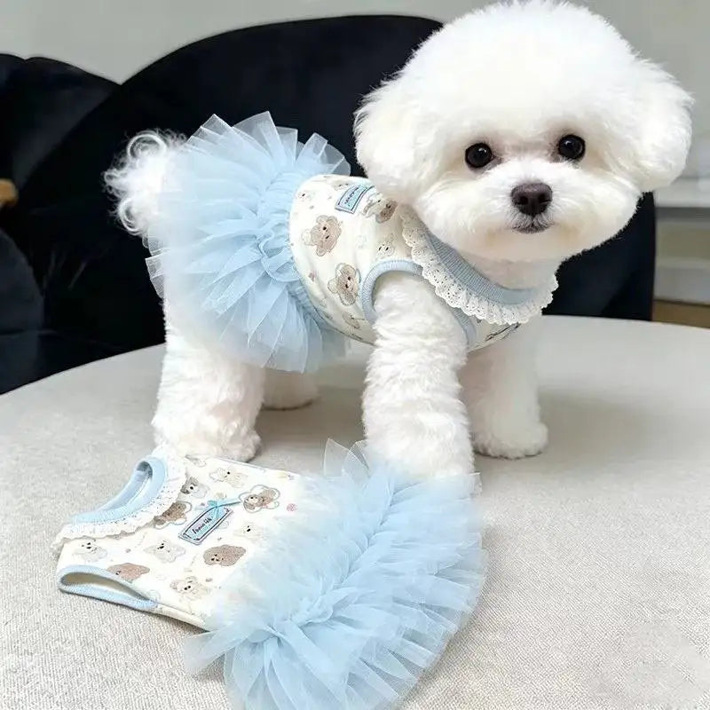 Puppy-Print Pet Tutu Dress with Lace Collar & Bow