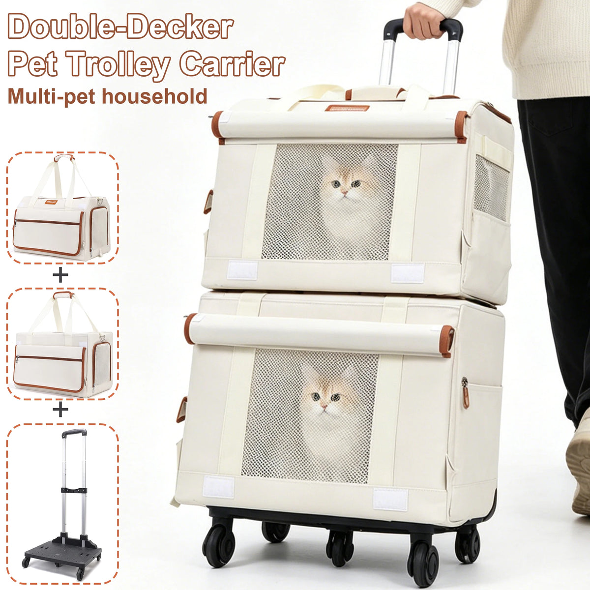 Detachable Rolling Cat Carrier with Mesh Panels