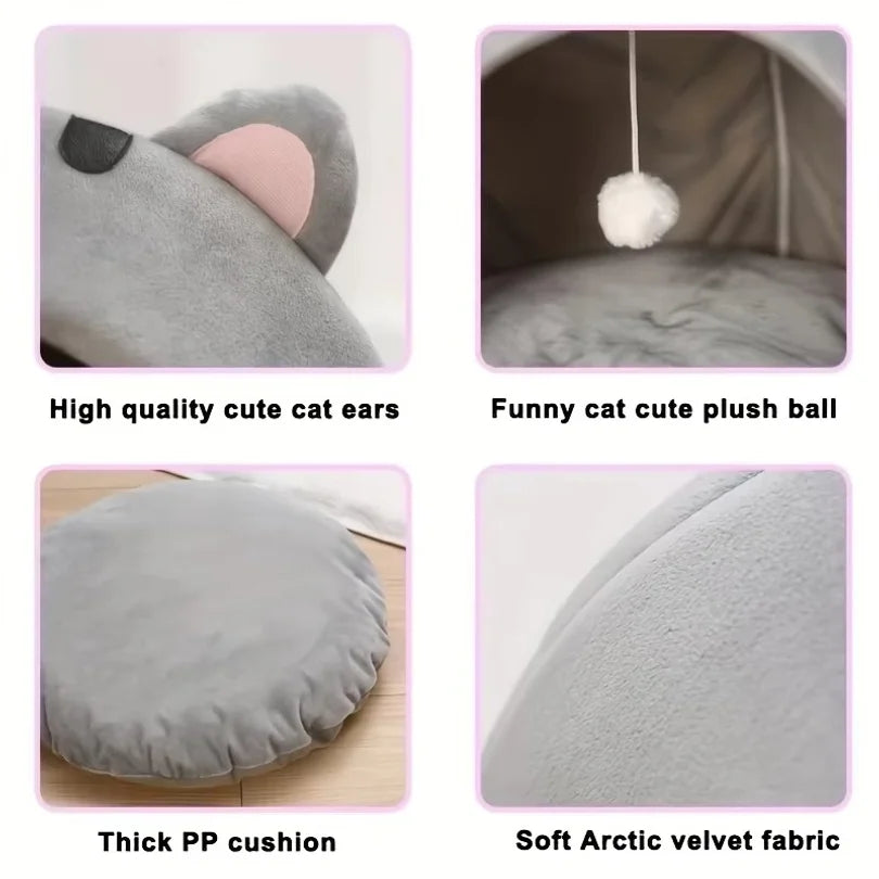 Gray Cat-Face Plush Cave Bed with Pom-Pom