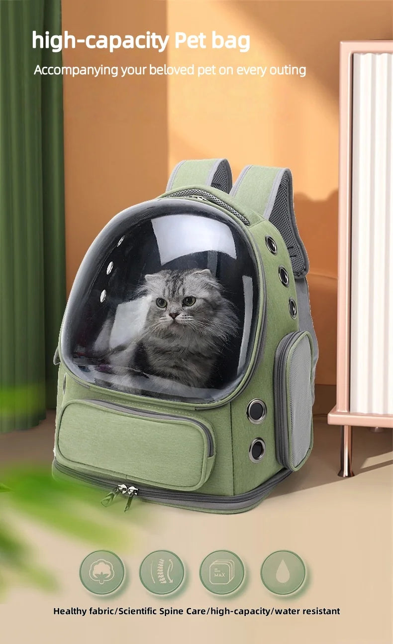 Green Clear-Front Cat Carrier Backpack with Storage Pockets