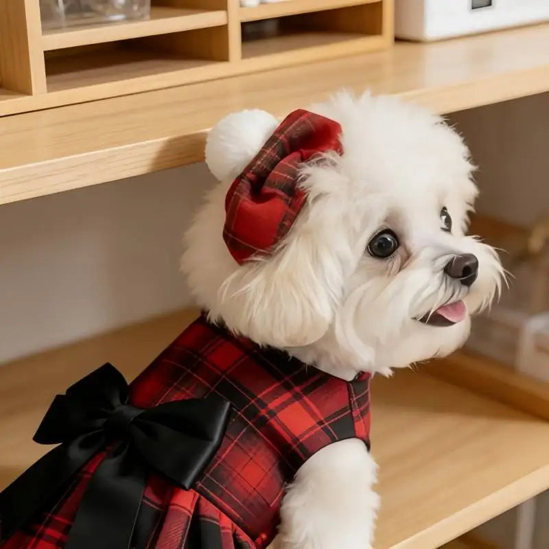 Red Tartan Pet Dress with Black Bow