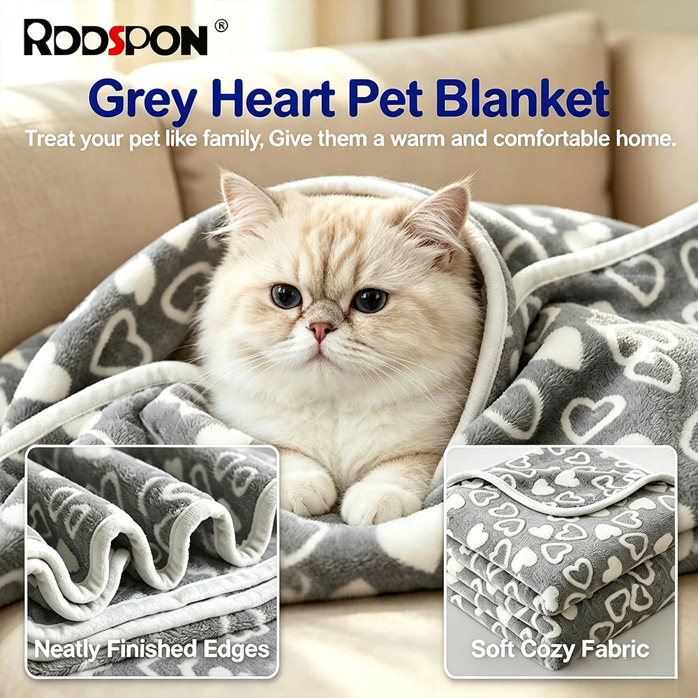 Gray Heart-Print Plush Blanket for Dogs & Cats