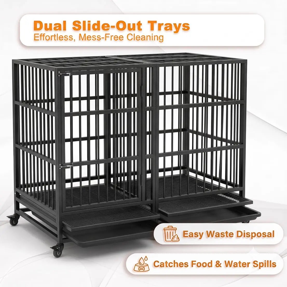 54-Inch Steel Dog Crate with Wheels & Removable Trays, Black