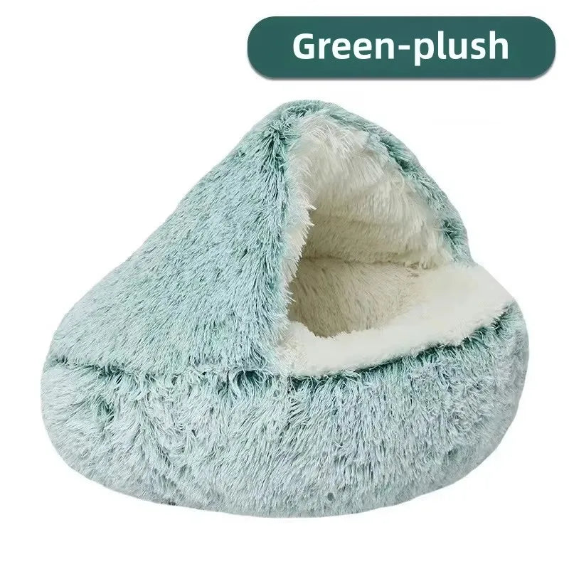 Shaggy Plush Cat Cave Bed with Snuggle Cover