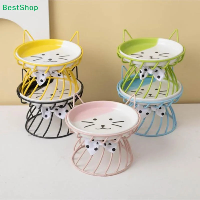Cat-Face Ceramic Dish & Bow-Detail Stand Options