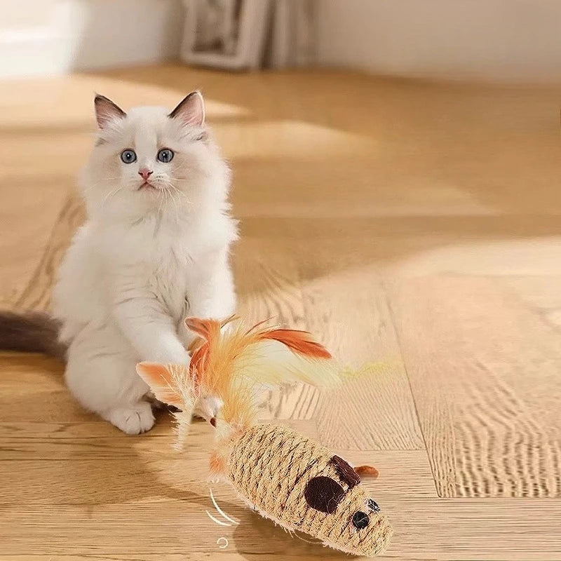 Sisal Mouse Cat Toys with Feather Tails
