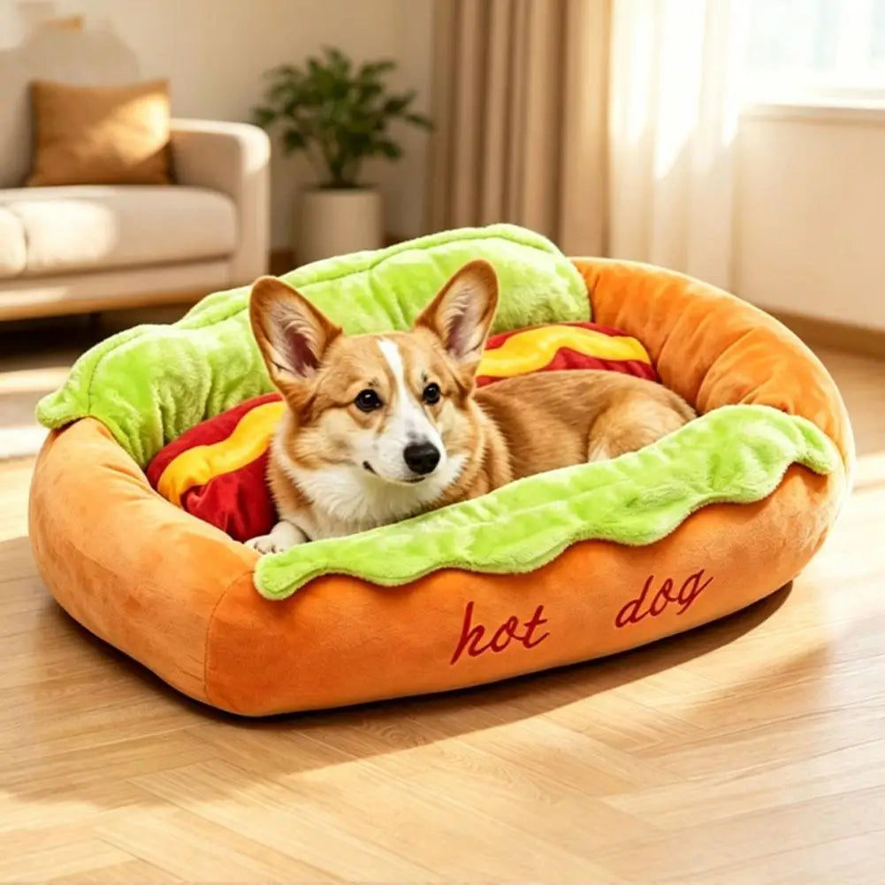 Hot Dog-Shaped Plush Bed for Small Dogs & Cats