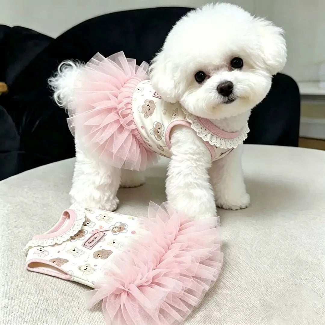 Puppy-Print Pet Tutu Dress with Lace Collar & Bow