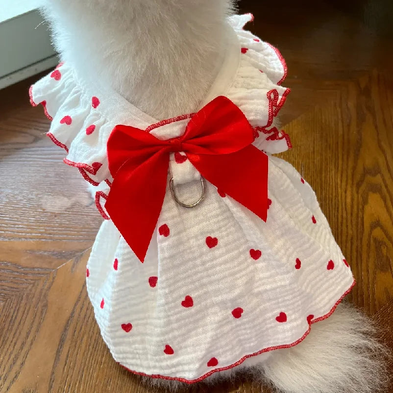 Heart-Print Pet Dress with Ruffle Collar & Bow