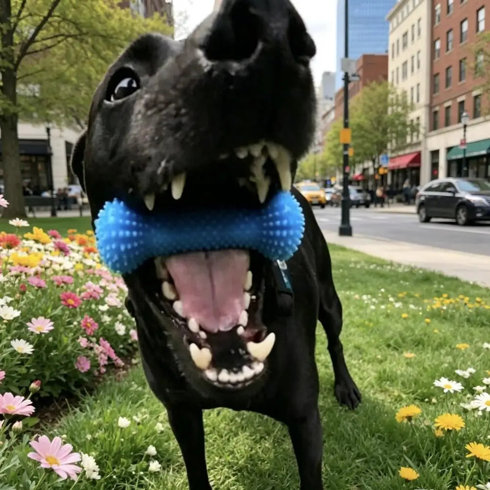 Blue Textured Bone Dog Toy with Play Cord