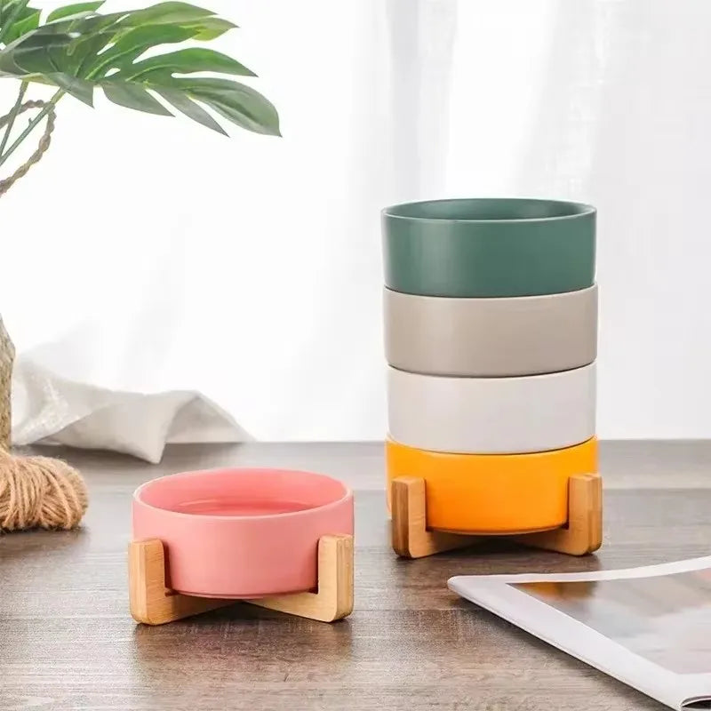 Ceramic Pet Bowl & Wooden Holder in Two Sizes