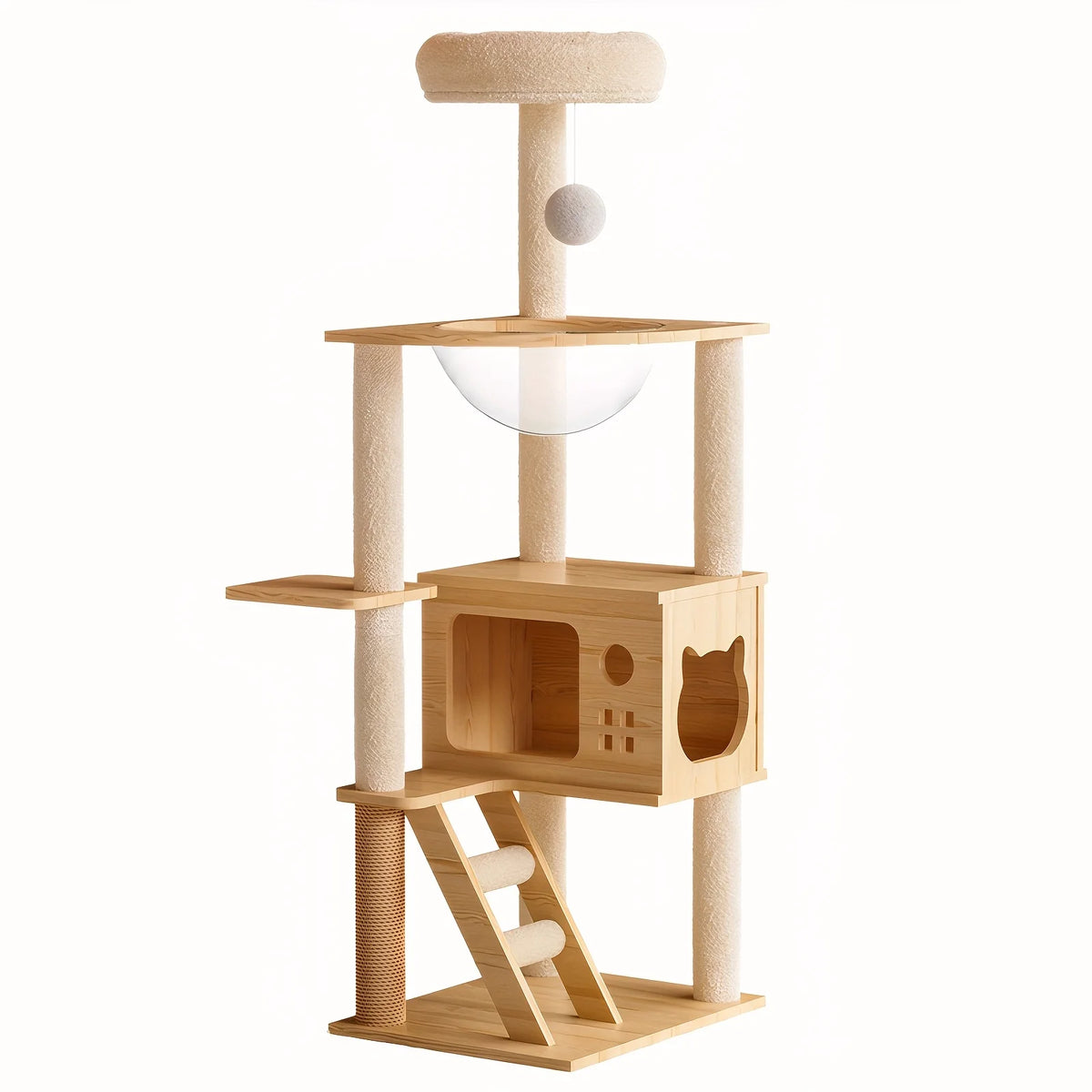 Wood-Look Cat Tower with Clear Lounging Bowls & Hideaway