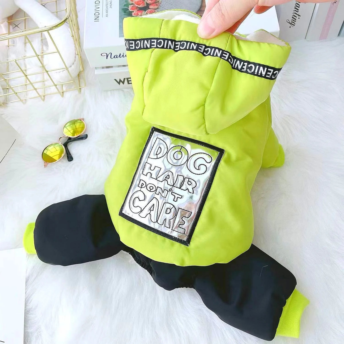 Slogan-Patch Hooded Pet Jumpsuit with Black Legs