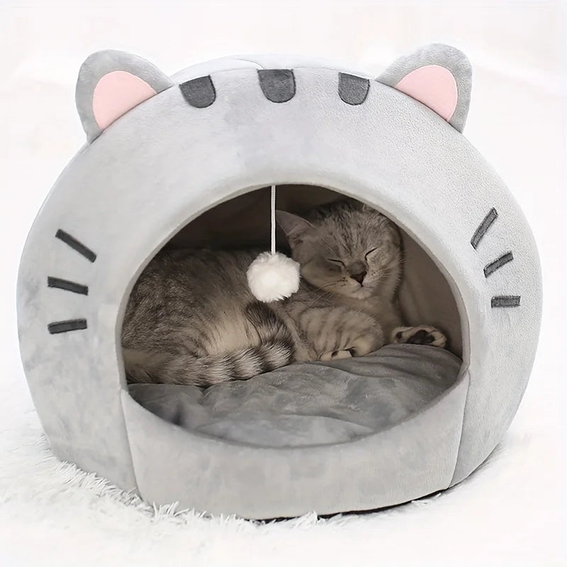 Gray Cat-Face Plush Cave Bed with Pom-Pom