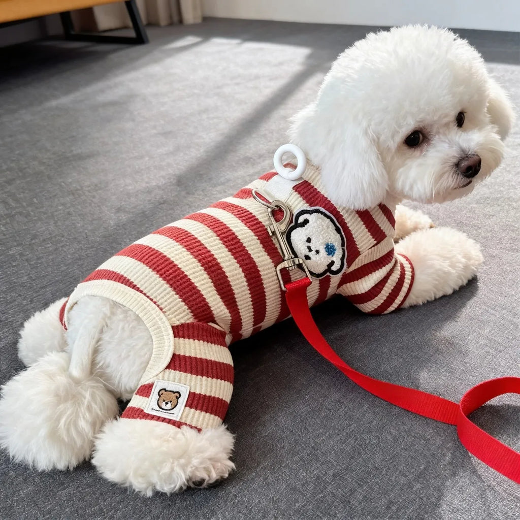 Red Striped Four-Leg Pet Onesie with Bear Patch