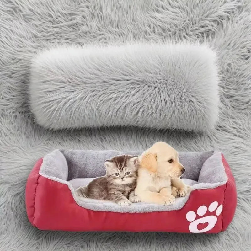 Plush-Lined Rectangular Pet Bed with Paw Detail