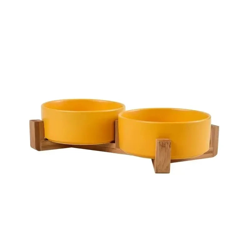 Ceramic Pet Bowl & Wooden Holder in Two Sizes