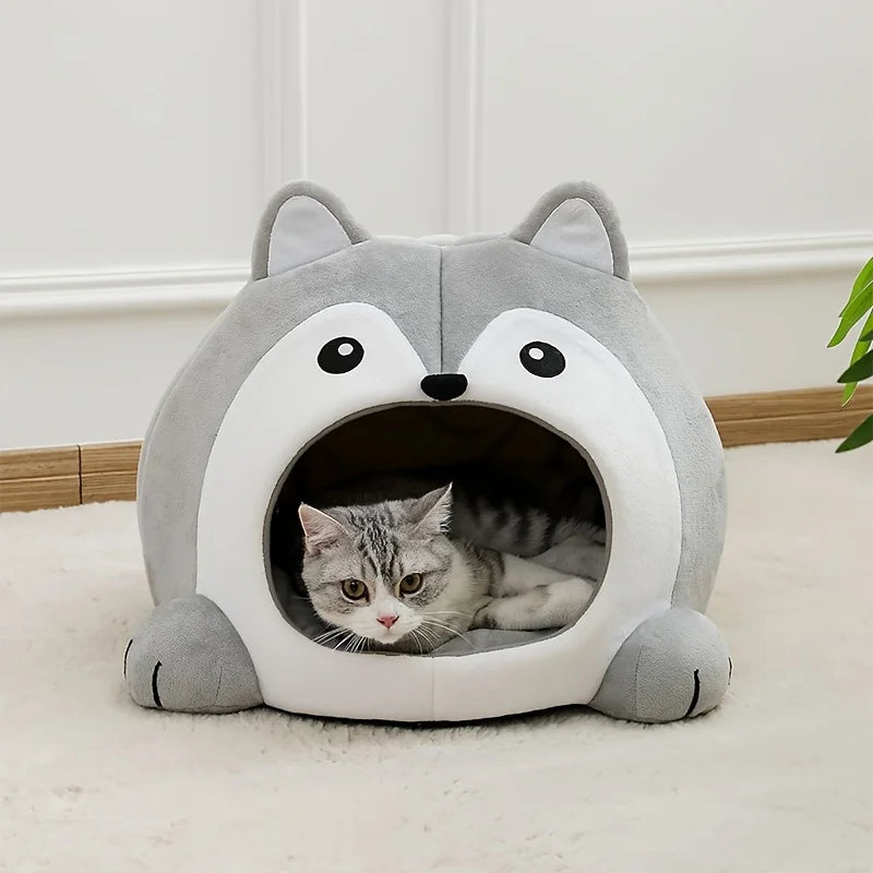 Gray Cat-Face Plush Cave Bed with Pom-Pom