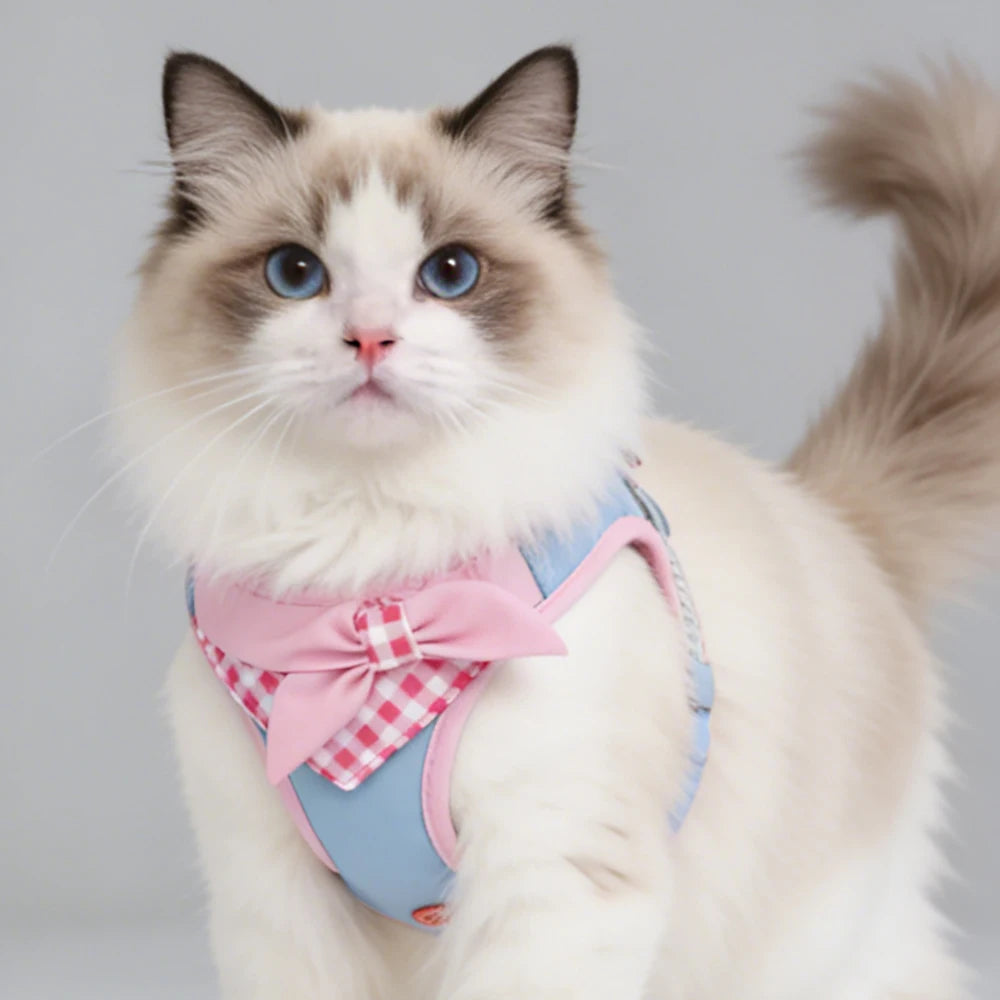 Bow-Detail Pet Vest Harness with Gingham Accent