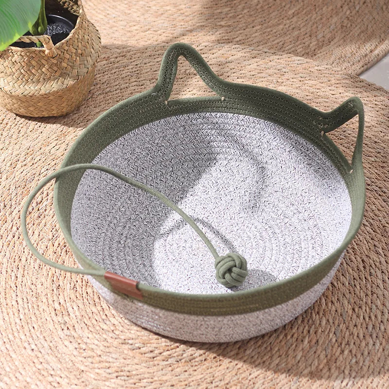 Cotton Rope Cat Basket Bed with Ear Handles & Ball Toy