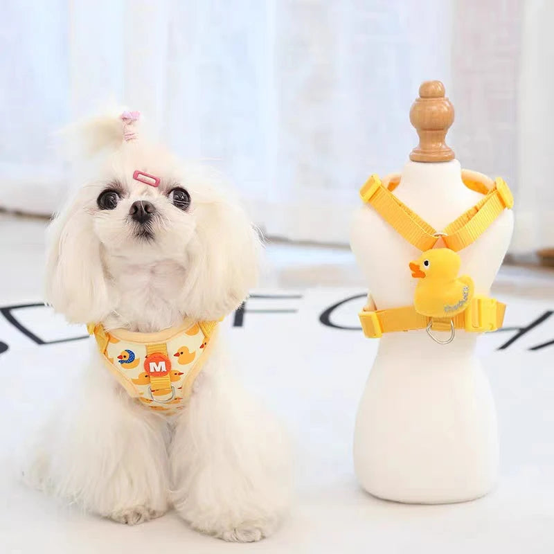 Yellow Duck-Print Pet Harness with Plush Duck Detail