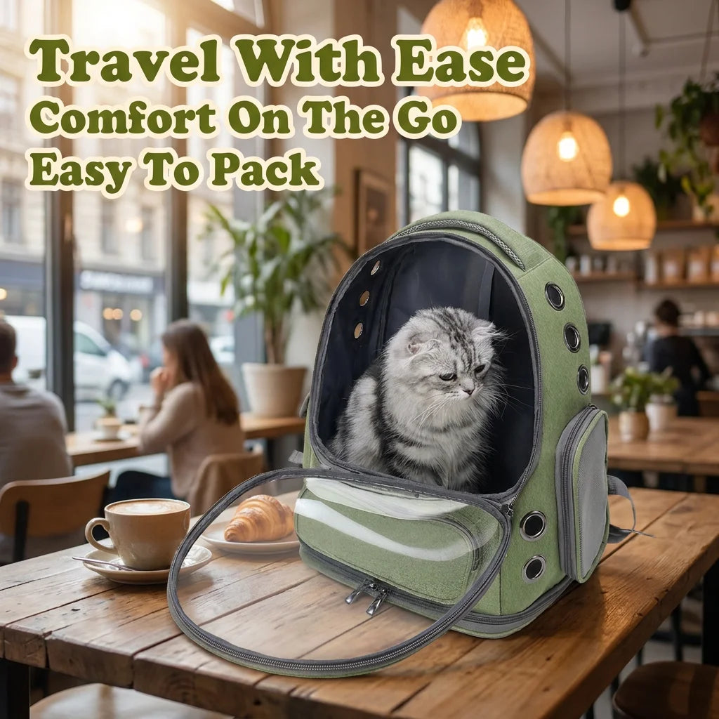 Green Clear-Front Cat Carrier Backpack with Storage Pockets