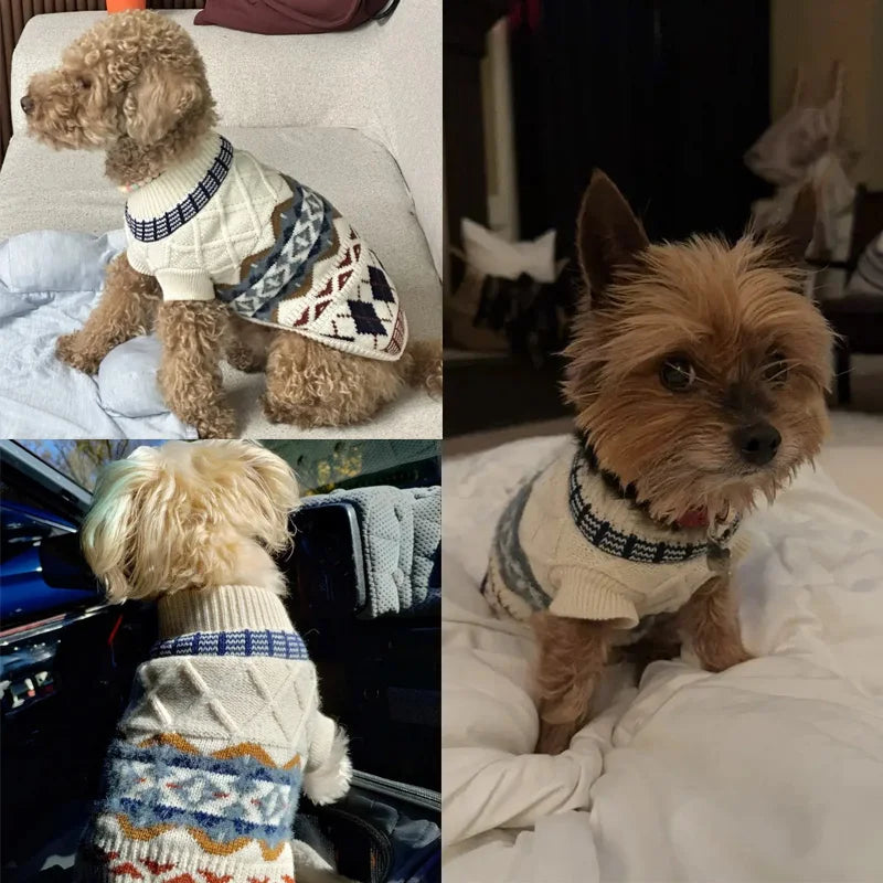 Cream Geometric-Knit Dog Sweater with Ribbed Collar