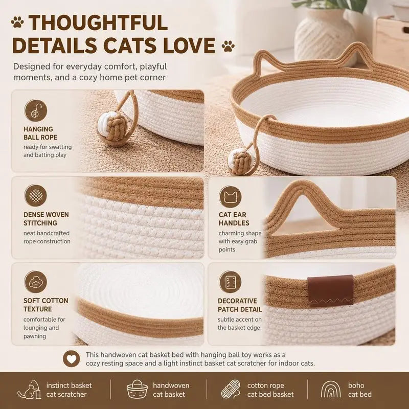 Cotton Rope Cat Basket Bed with Ear Handles & Ball Toy