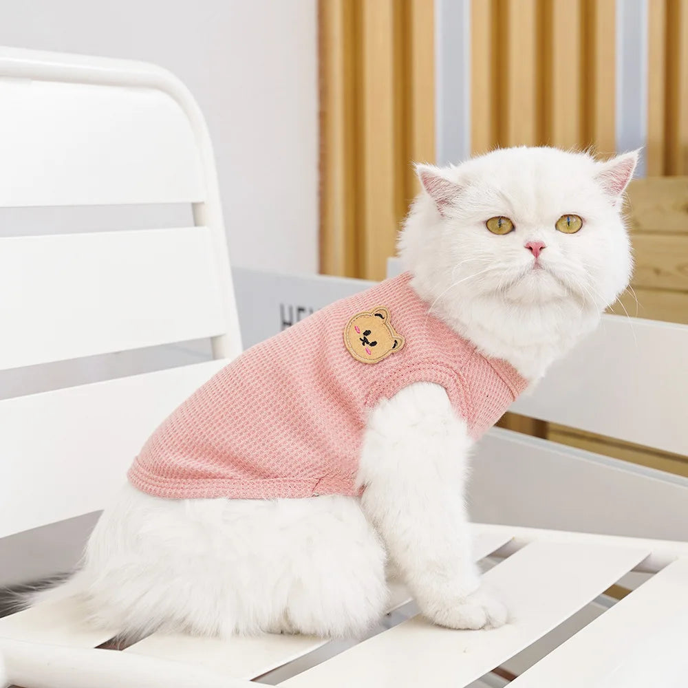 Waffle-Texture Bear-Patch Cat Vest