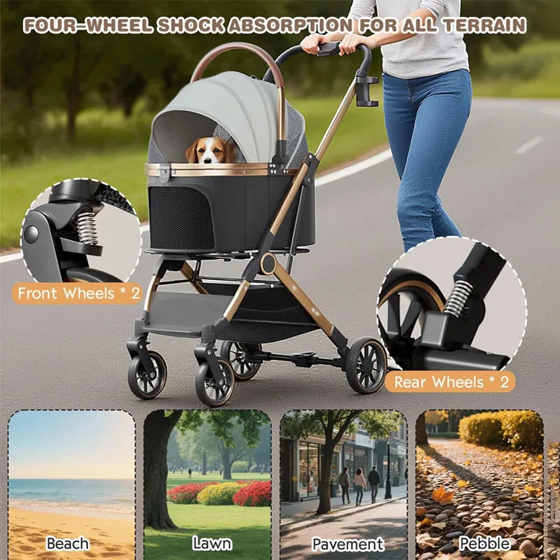 Gold-Tone Frame Pet Stroller with Detachable Basket