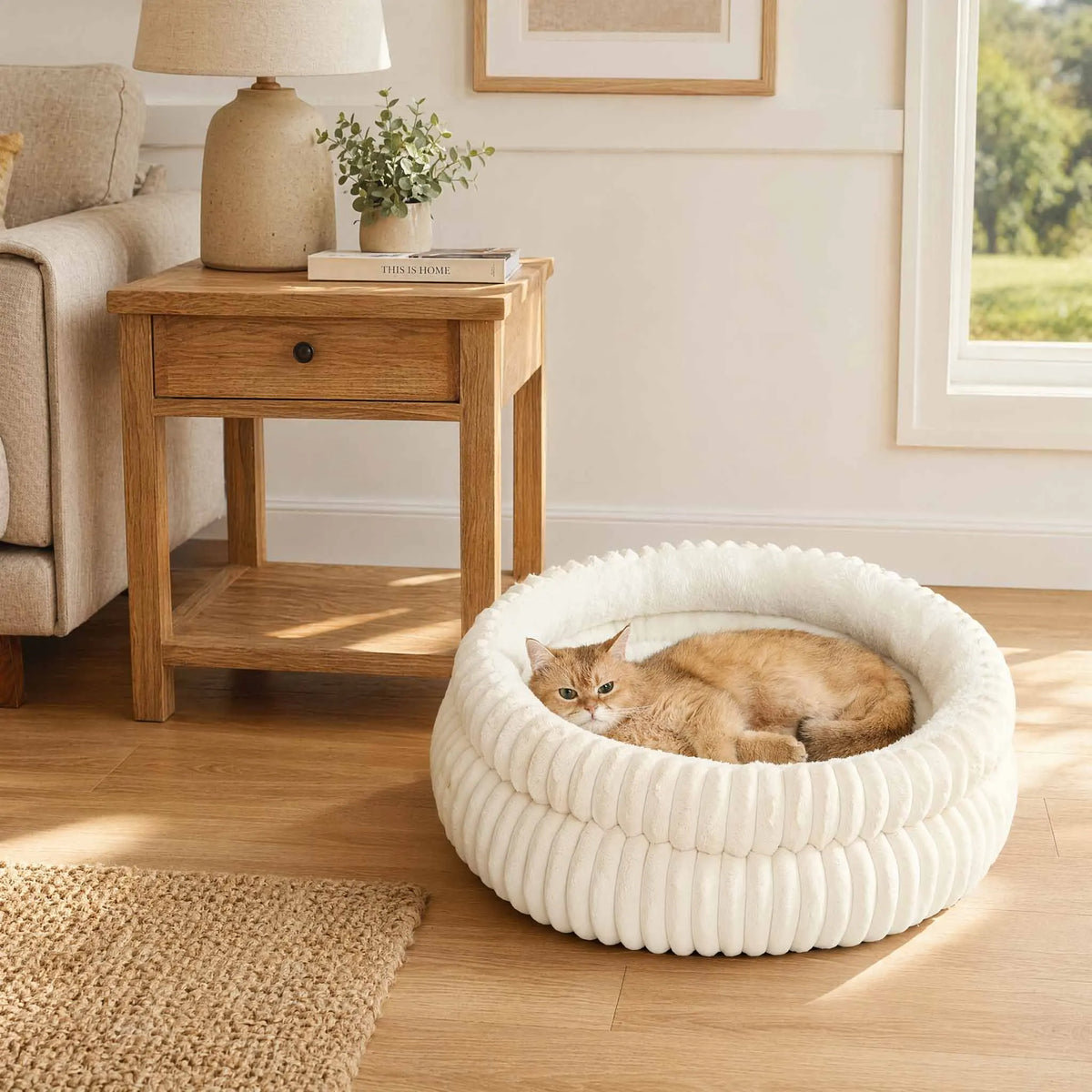 Double-Ribbed Plush Round Pet Bed