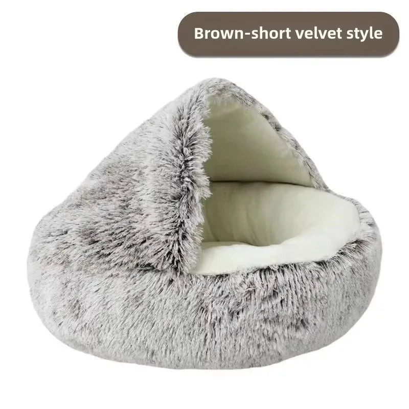 Shaggy Plush Cat Cave Bed with Snuggle Cover