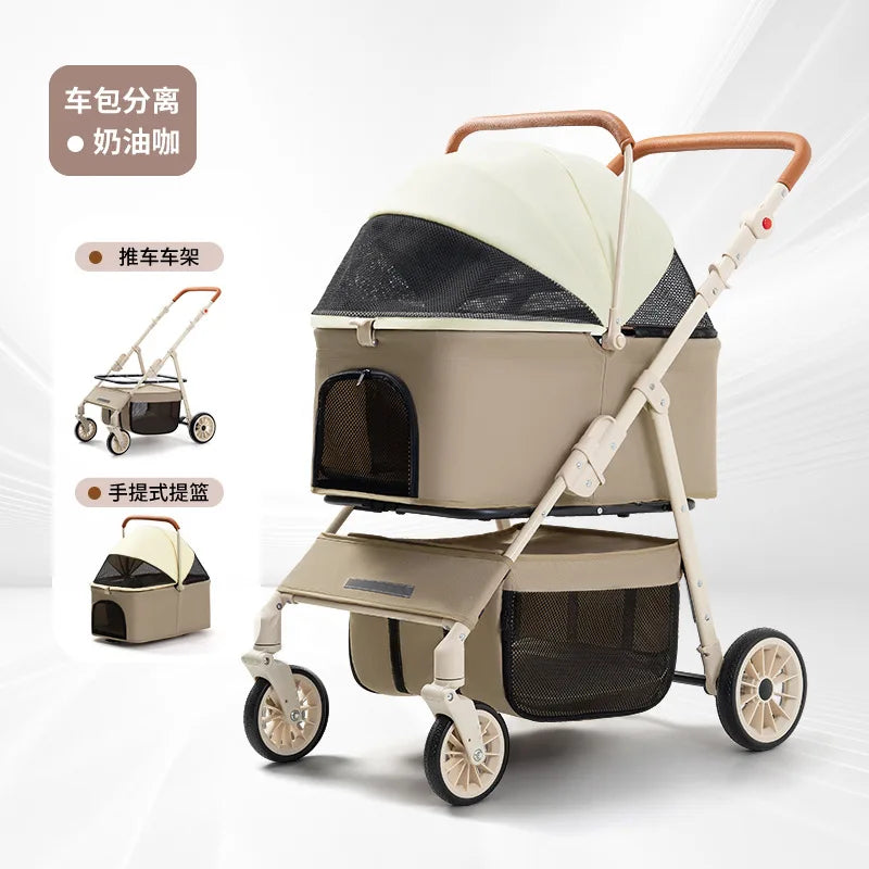 Folding Pet Stroller with Detachable Carrier & Lower Basket